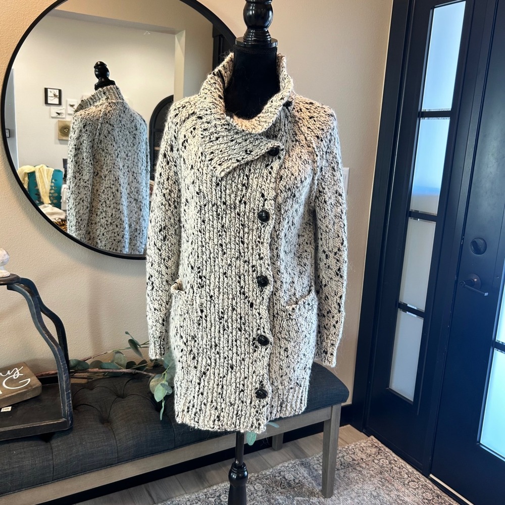 J.Crew Women Black White Marled Mohair Wool Blend Chunky Knit Cardigan Sweater S